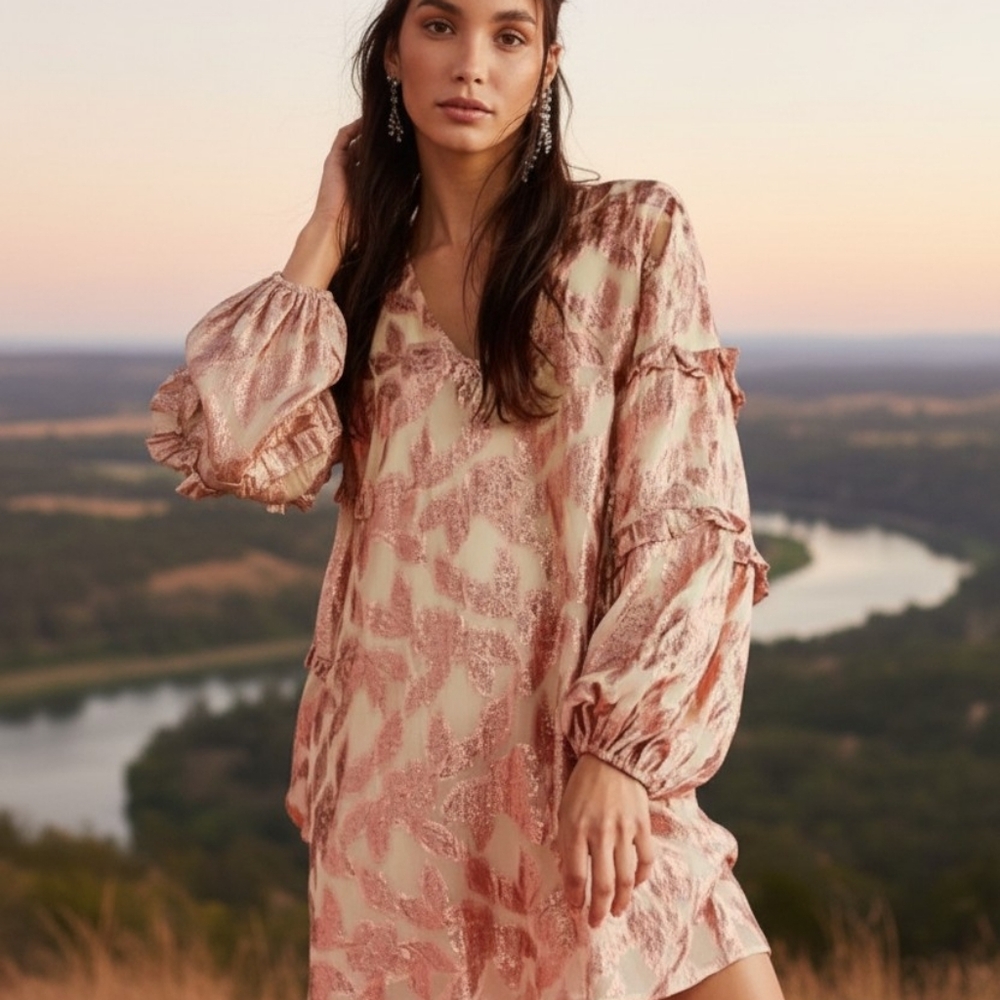 NWT Free People x Jen's Pirate Booty Rising Star Shimmer Rose Mini Dress Medium